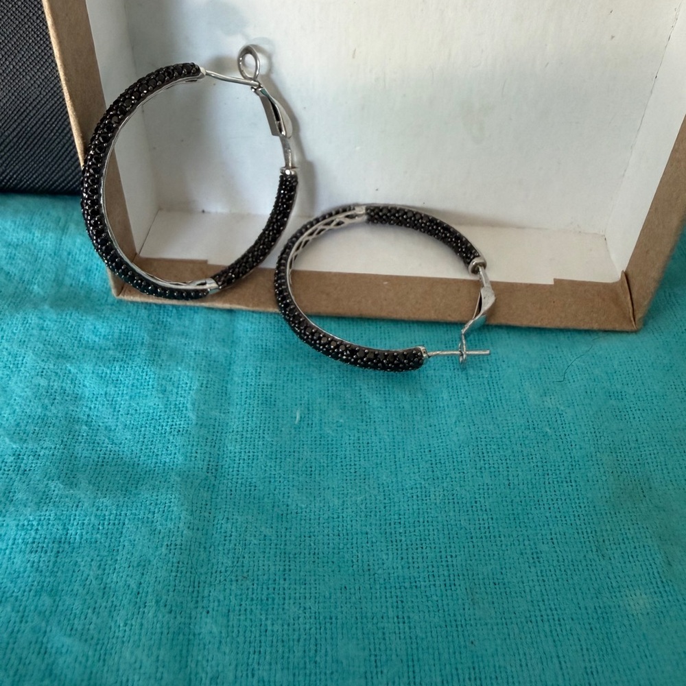 Sterling Silver and Black Spinel Hoop Earrings